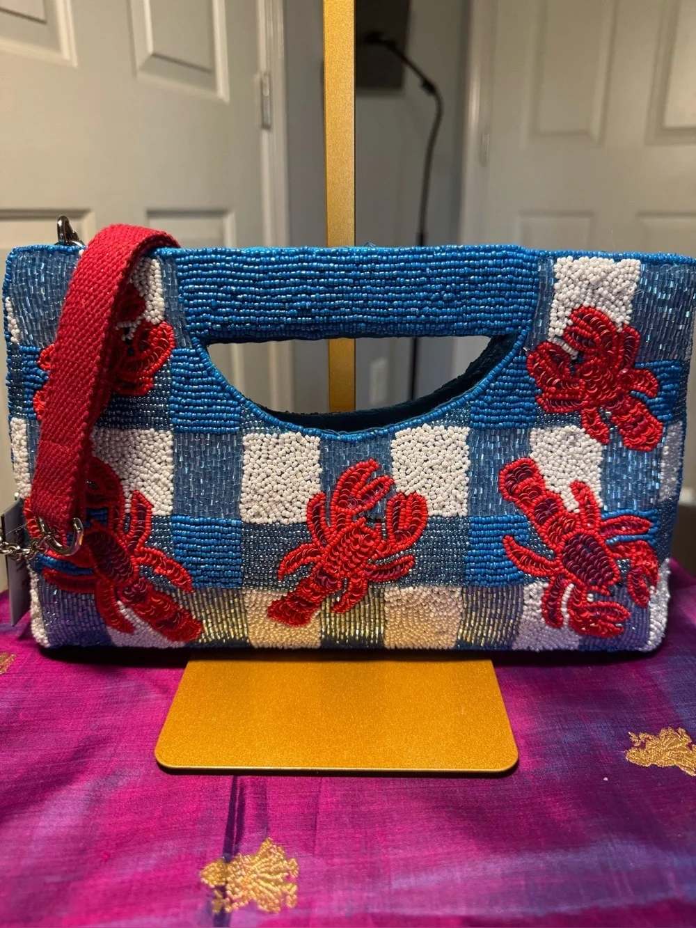NWT America & Beyond Coastal Claw Beaded Gingham Lobster Clutch